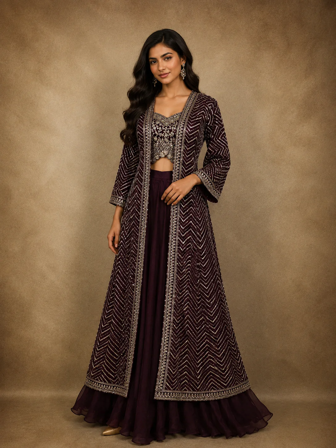 Wine Heavy Sequins and Zari Embroidered Design Crushed Indo Western Skirt Top with Long Jacket
